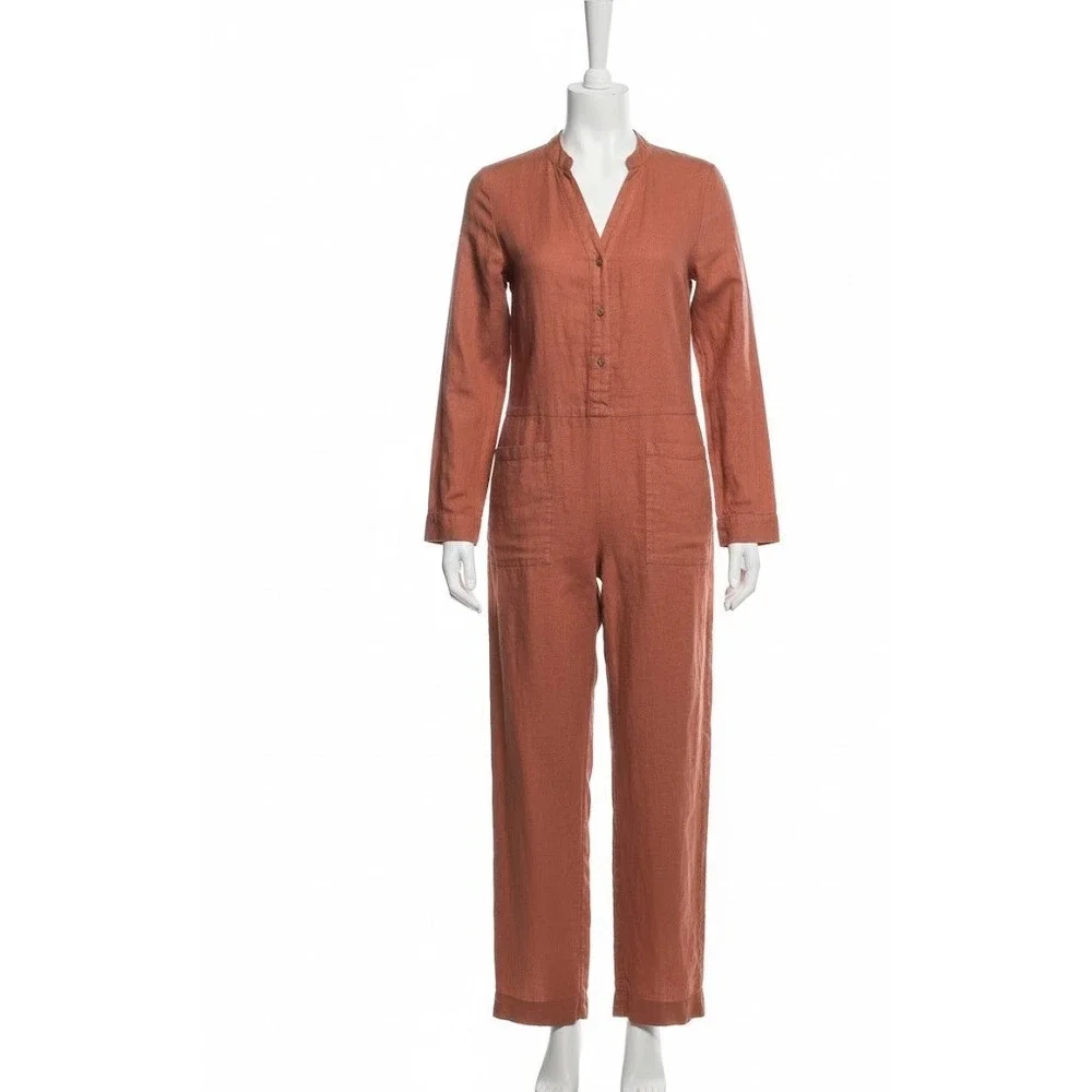 Zara Linen Jumpsuit Small Brown with pockets straight leg New